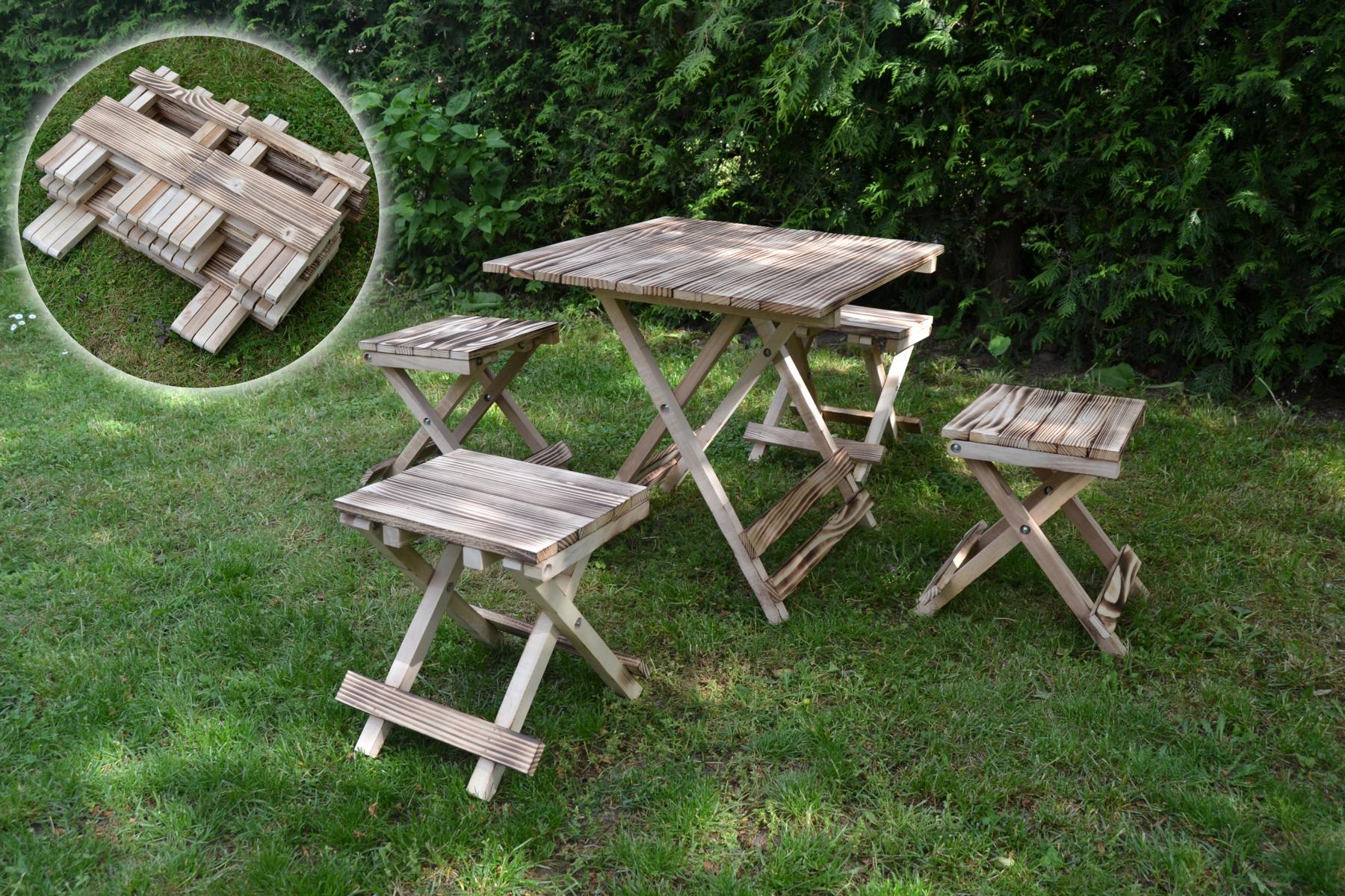 ᐅ TF Metalldesign Shop ᐅ Klappbarer Campingtisch / Picknicktisch mit  4-Sitzen aus Holz 5-teiliges Set