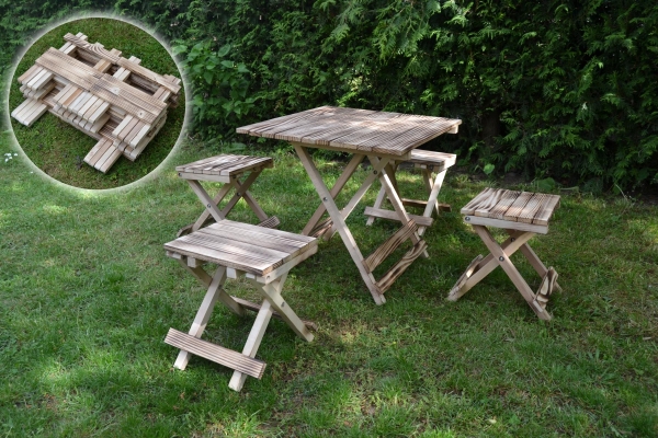 Klappbarer Campingtisch / Picknicktisch mit 4-Sitzen aus Holz 5-teiliges Set Klappbarer Campingtisch / Picknicktisch mit 4-Sitzen aus Holz 5-teiliges Set