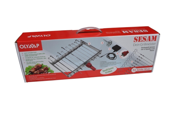 Edelstahl Schaschlik Spießdreher „Sesam“ mit 11 Spießen, Motor + Powerbank Edelstahl Schaschlik Spießdreher „Sesam“ mit 11 Spießen, Motor + Powerbank