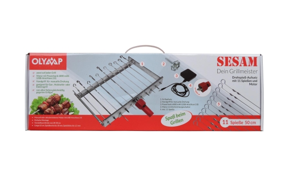 Edelstahl Schaschlik Spießdreher „Sesam“ mit 11 Spießen, Motor + Powerbank Edelstahl Schaschlik Spießdreher „Sesam“ mit 11 Spießen, Motor + Powerbank