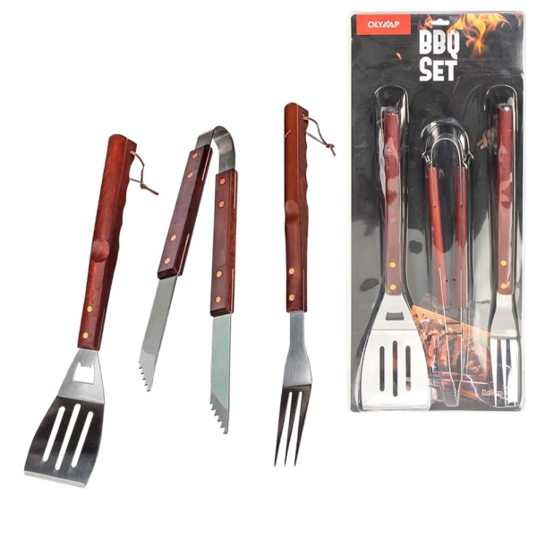 BBQ Grillbesteck Set aus Edelstahl, Grillzange, Grillwender & Grillgabel mit Holzgriff