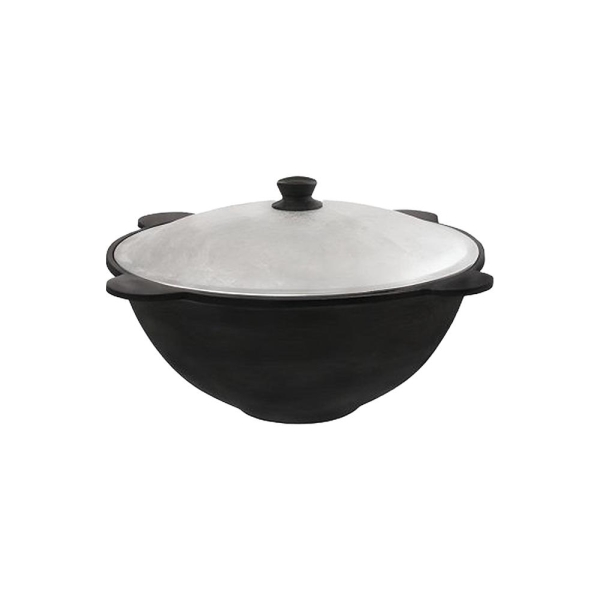Uzbekischer Kasan 8 L aus Gusseisen mit Aludeckel, Boden innen rund, außen flach Uzbekischer Kasan 8 L aus Gusseisen mit Aludeckel, Boden innen rund, außen flach