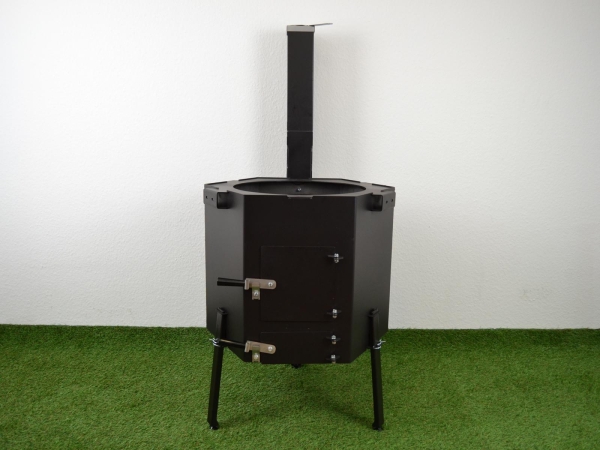Utschak "Hexagon" mit Schornstein / Abzugsrohr aus Stahl ST37 Schwarz für Kasan 12 L Utschak "Hexagon" mit Schornstein / Abzugsrohr aus Stahl ST37 Schwarz für Kasan 12 L